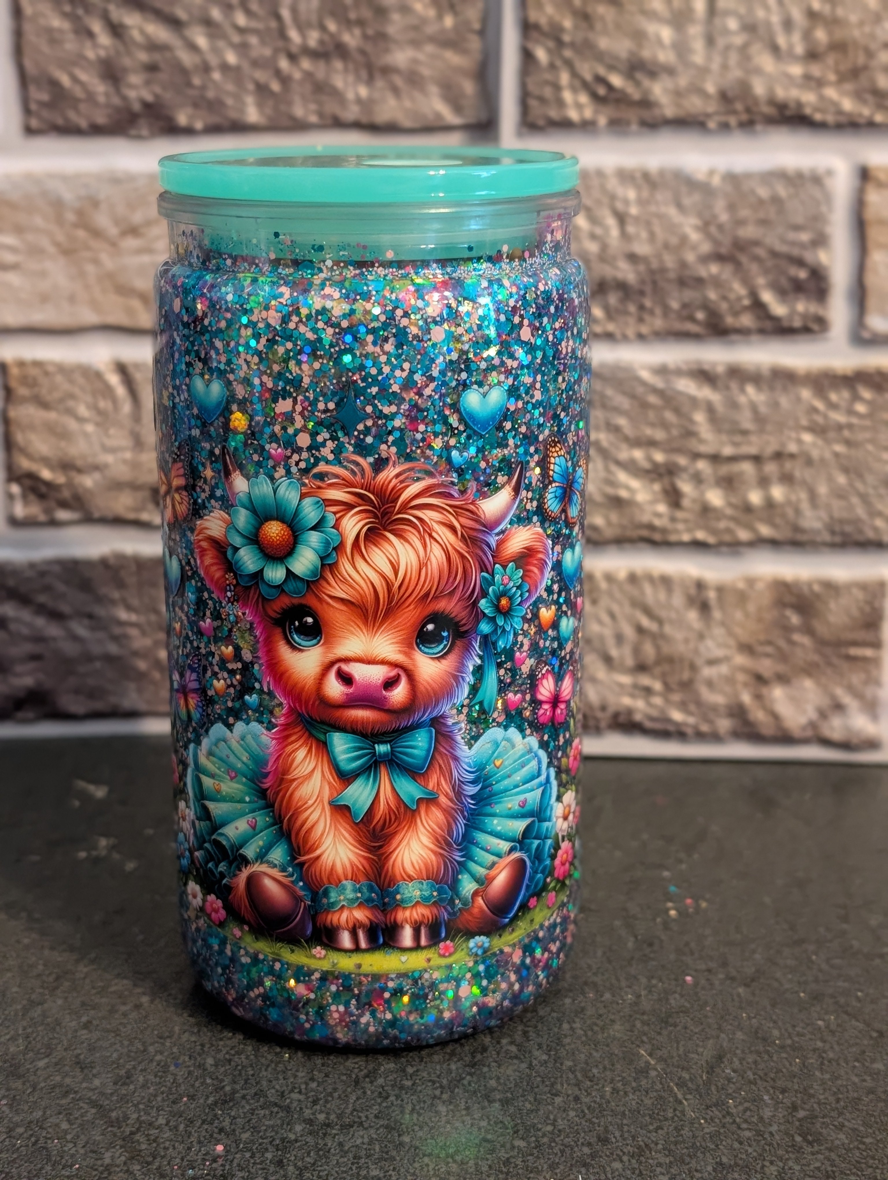 16oz Skinny Tumbler – Teal Cow Print Design, Acrylic