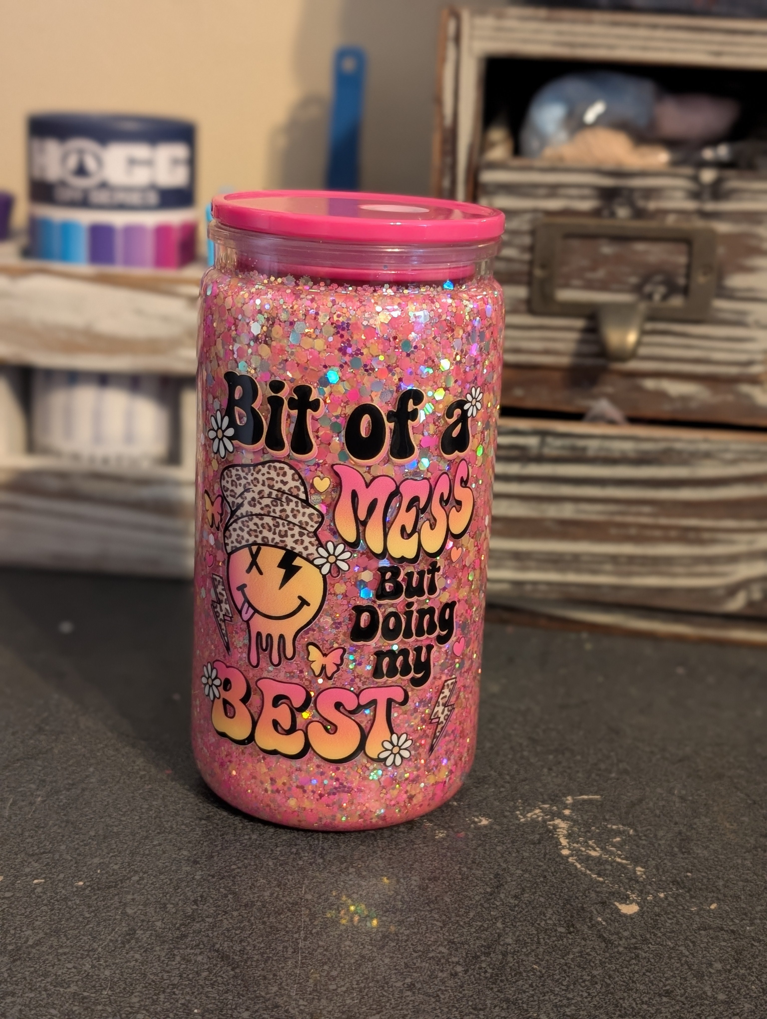 16oz Skinny Tumbler – Bit of a Mess Design, Acrylic