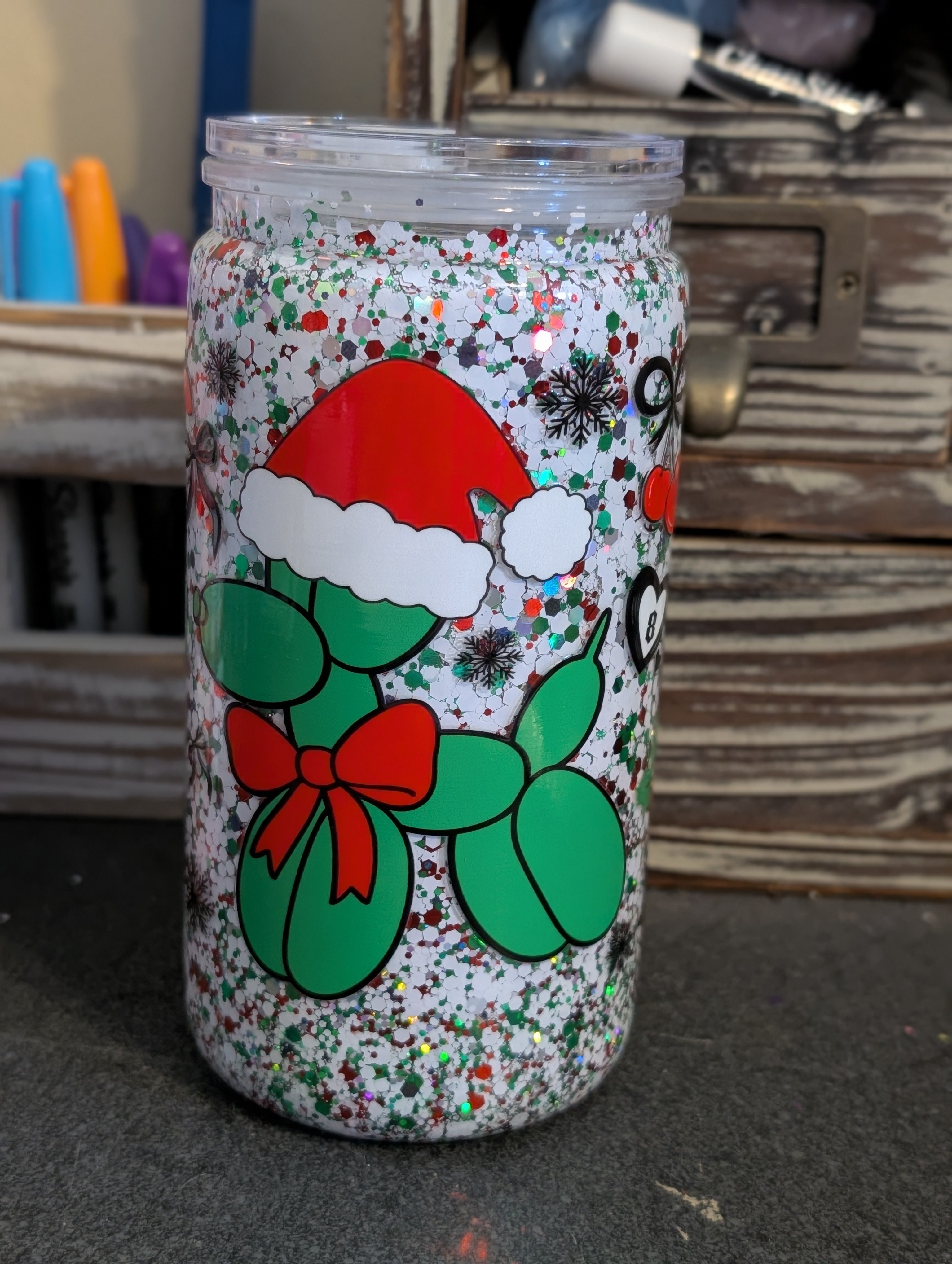 16oz Skinny Tumbler – Balloon Dog Santa Christmas Design, Acrylic